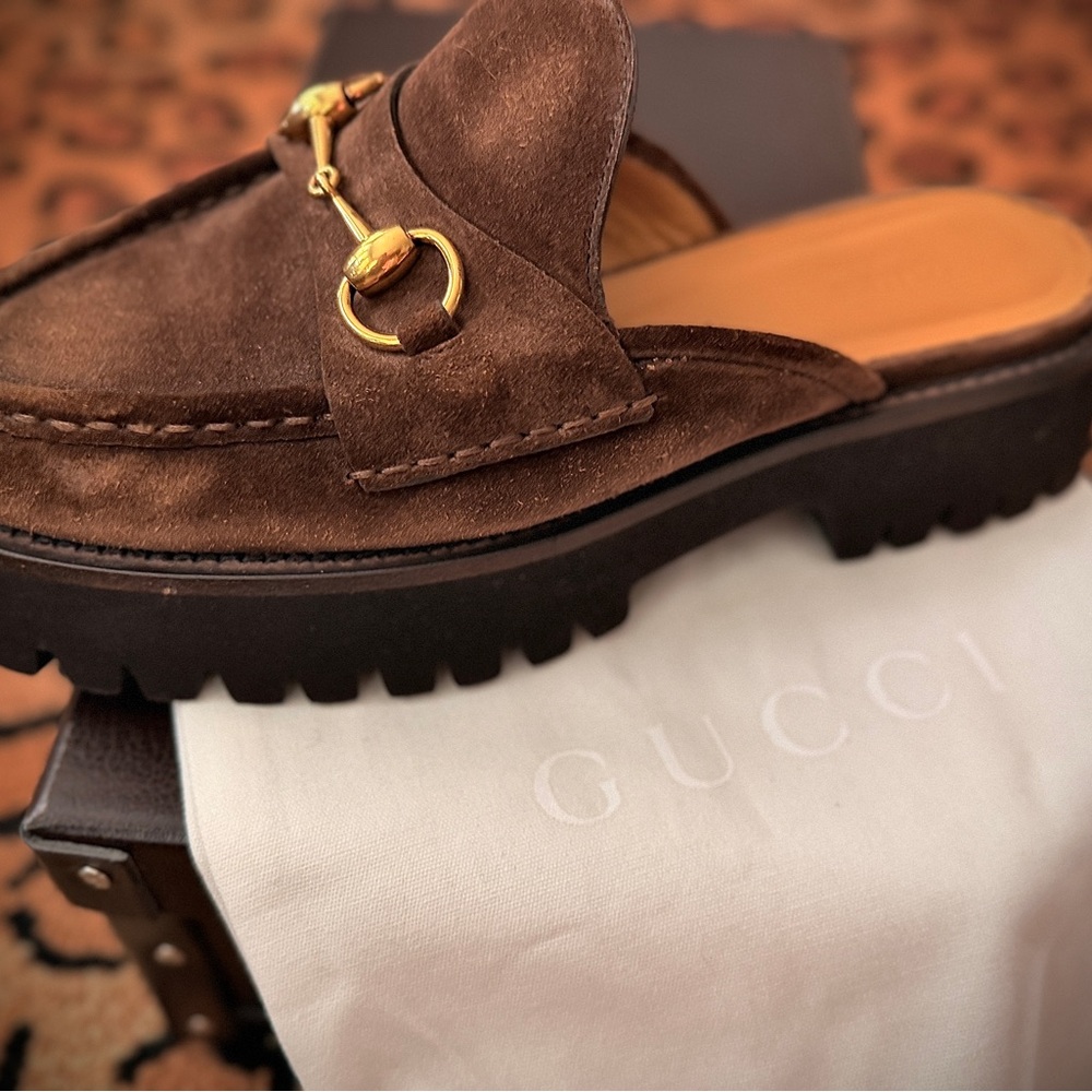 Gucci Sylke Horsebit Platform Mules Washed Brown Suede - Picture 8 of 10